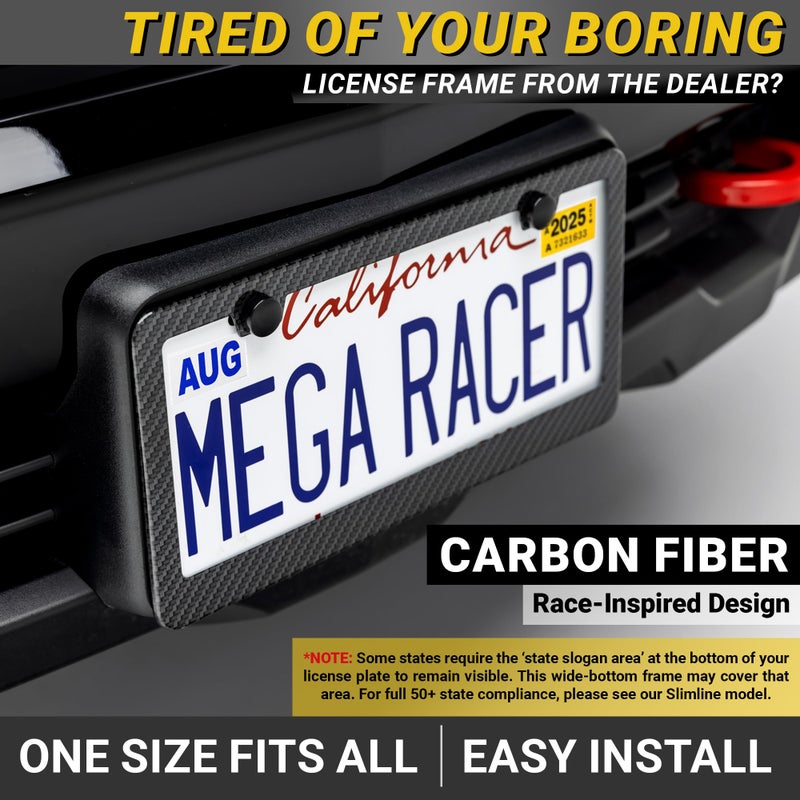 Mega Racer Premium Carbon Fiber Design License Plate Frame â€“ 1 Piece, Rust-Free Stainless Steel, Rattle-Free, Universal with Screw Caps, Slim-Top, Thin Rigid Metal Car Tag Holder, Front Or Rear - Cool for Men - Image 2